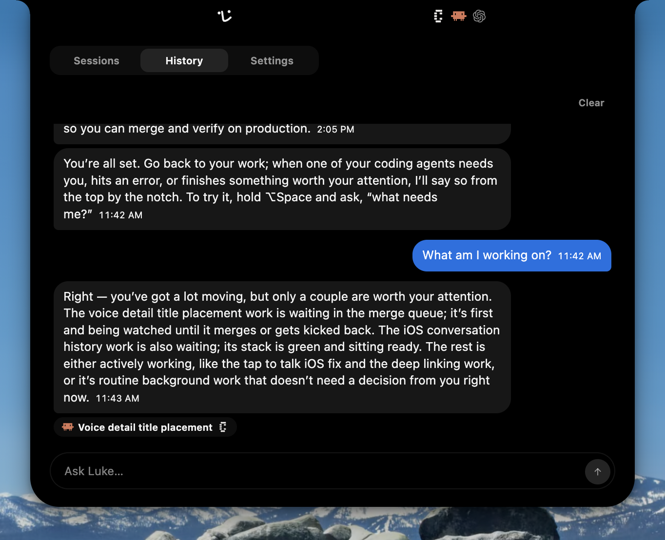 The History tab holding the conversation, with a session chip and the Ask Luke composer.